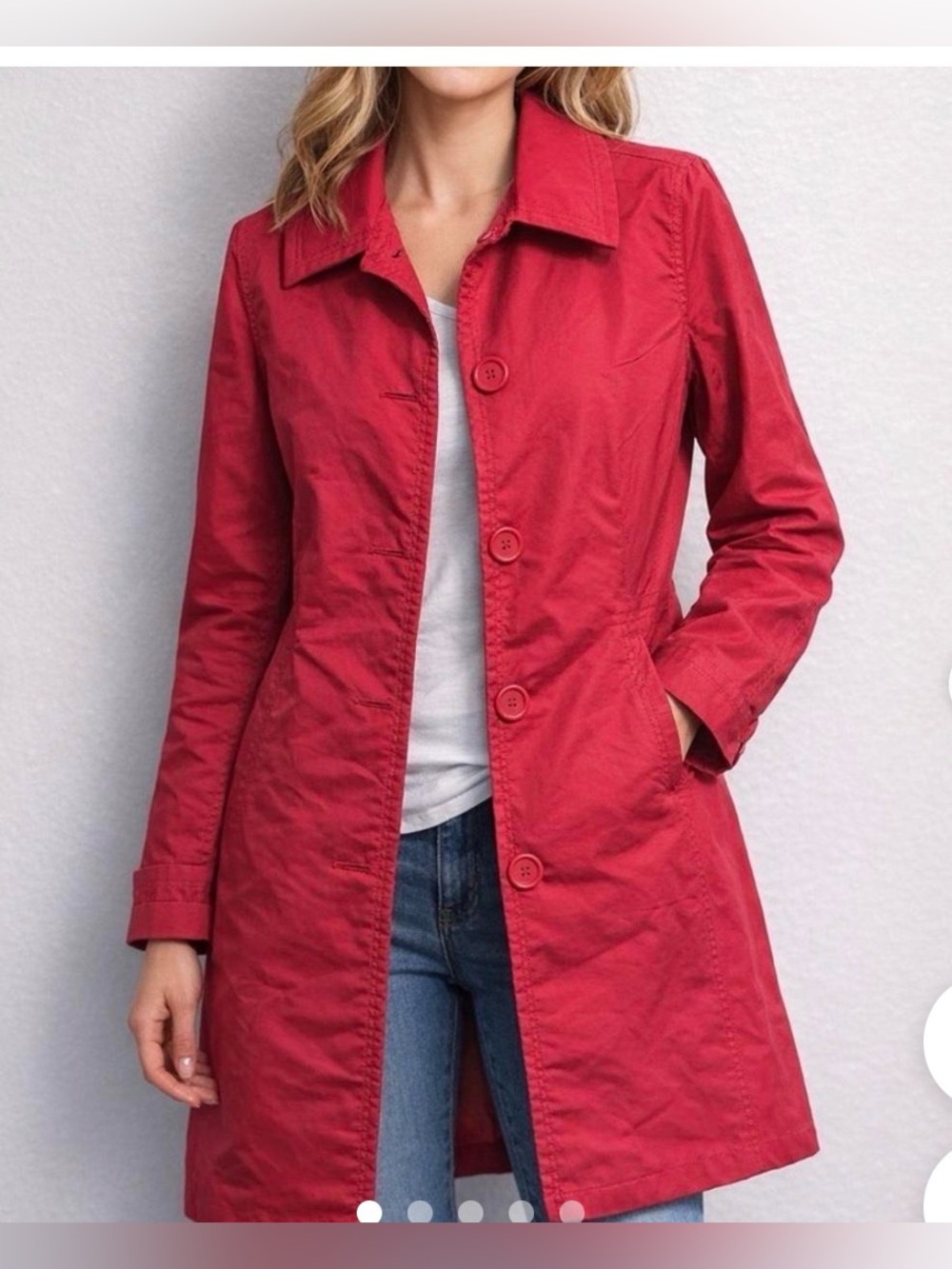 Eddie Bauer Coral Red Button-Front Trench Coat, Small